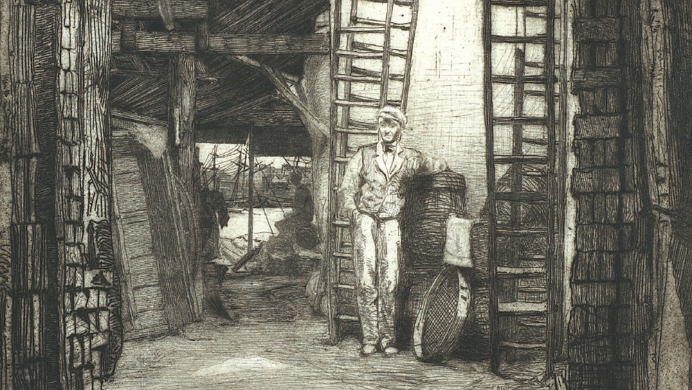 Black etching of a man standing in an alley next to barrels and ladders