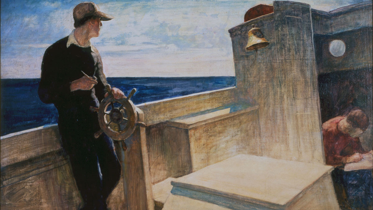 Painting of a boat on the water. In the foreground a man wearing a ballcap is holding on to the ship's wheel and a pipe. In the background, a man is sitting and writing or drawing.