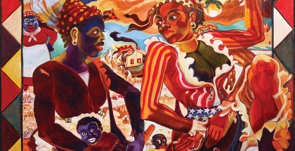 Painting of two Black women surrounded by racist images and Klu Klux Klan members and Abraham Lincoln.