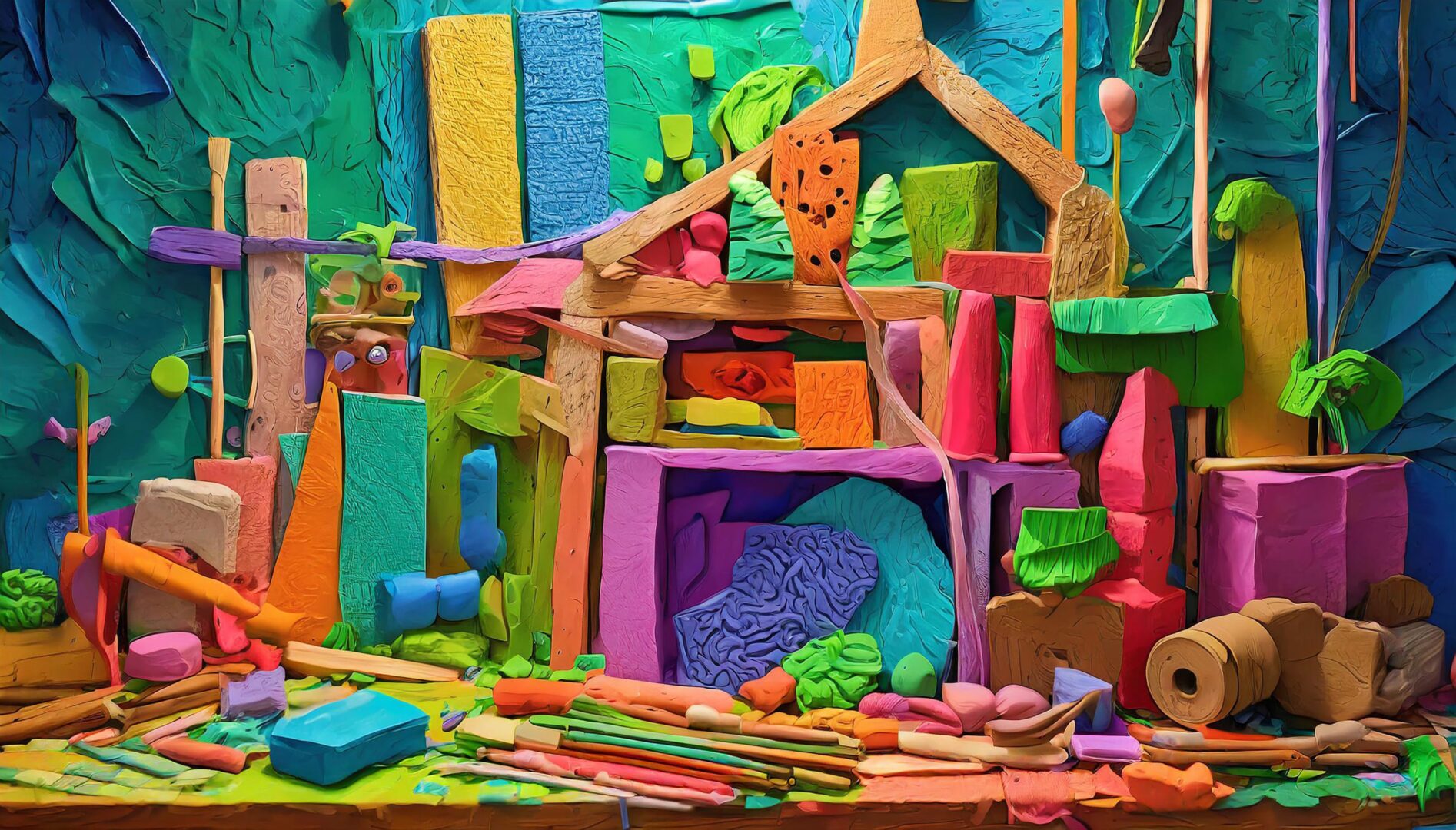 a colorful image of materials and shapes covering a table surface with house forms, plants, and animals.
