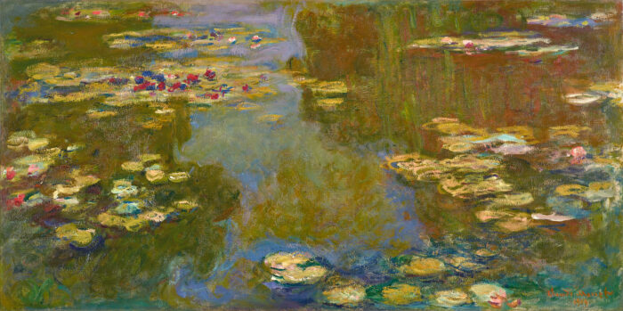 Impressionistic painting of a pond with flowers in it.
