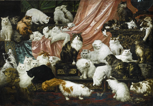 Painting of a group of cats on a pink draped fabric