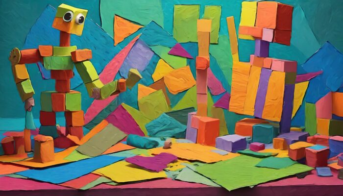 Colorful sheets of felt and paper cover a table surface with a robot built from blocks and other structures