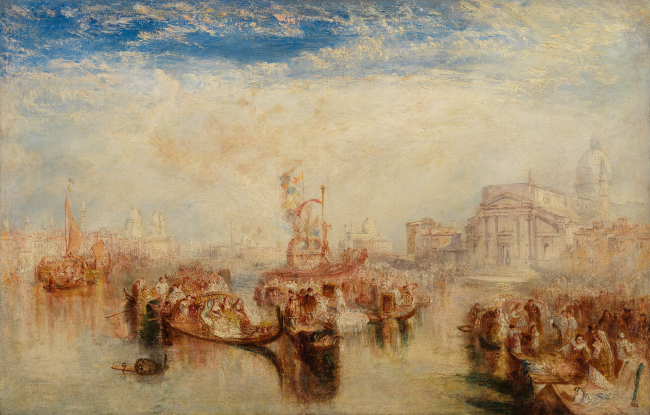 Impressionistic painting of a harbor with ships and people and surrounded by buildings.