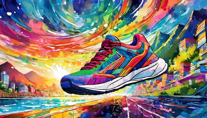 A colorful shoe floating in a dynamic and colorful world.