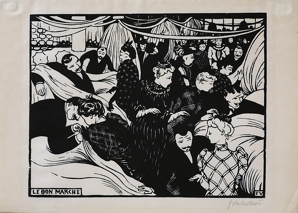 Black and white print of people at an outdoor market