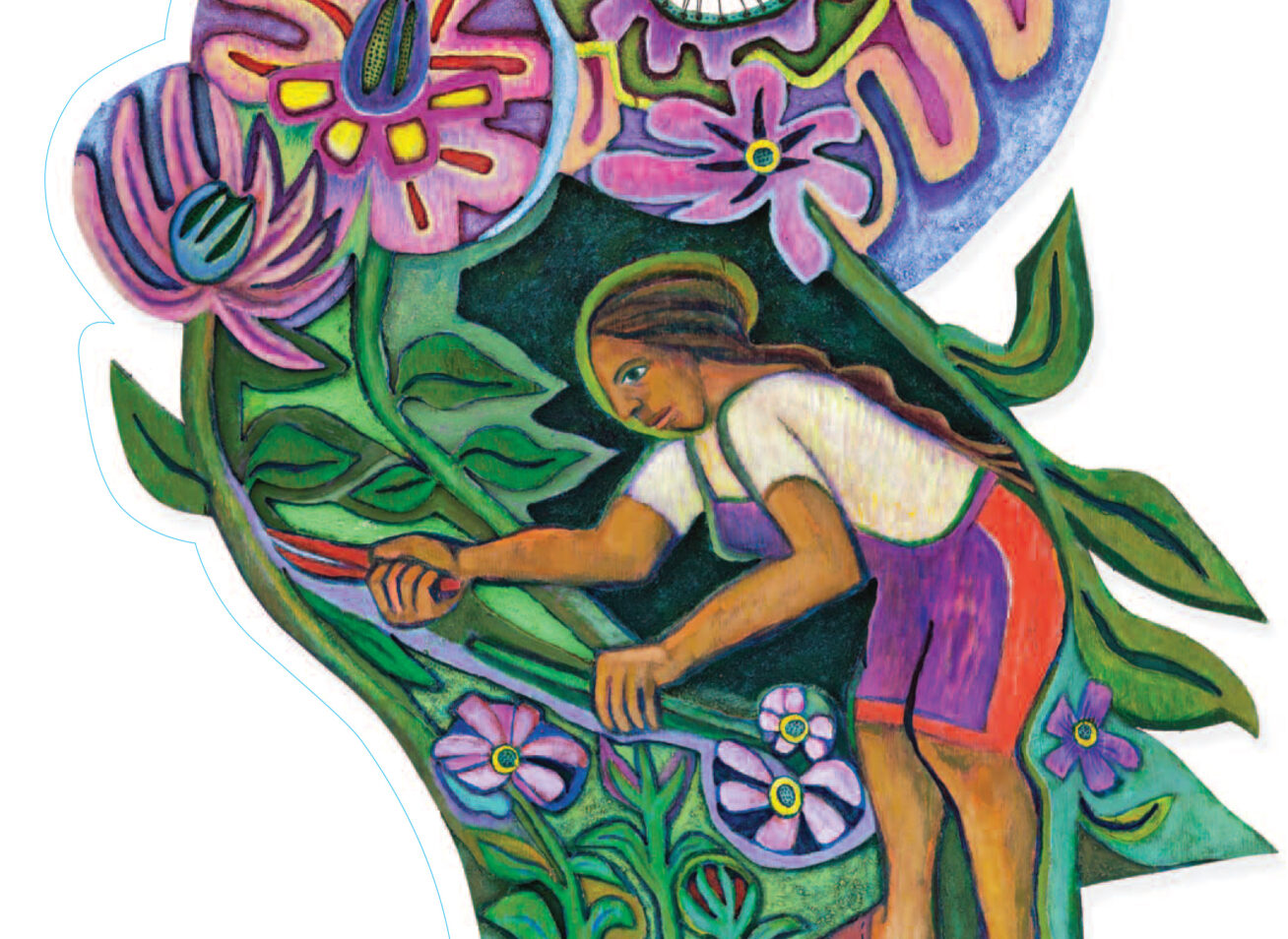 Painting of a woman gardening surrounded by towering flowers