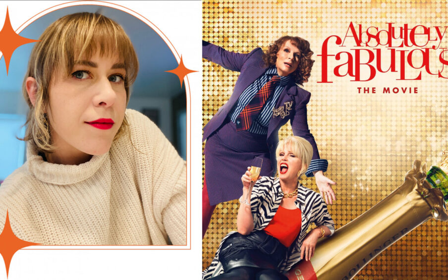 Photo of a white woman in a beige sweater on the left and the movie poster for Absolutely Fabulous on the right