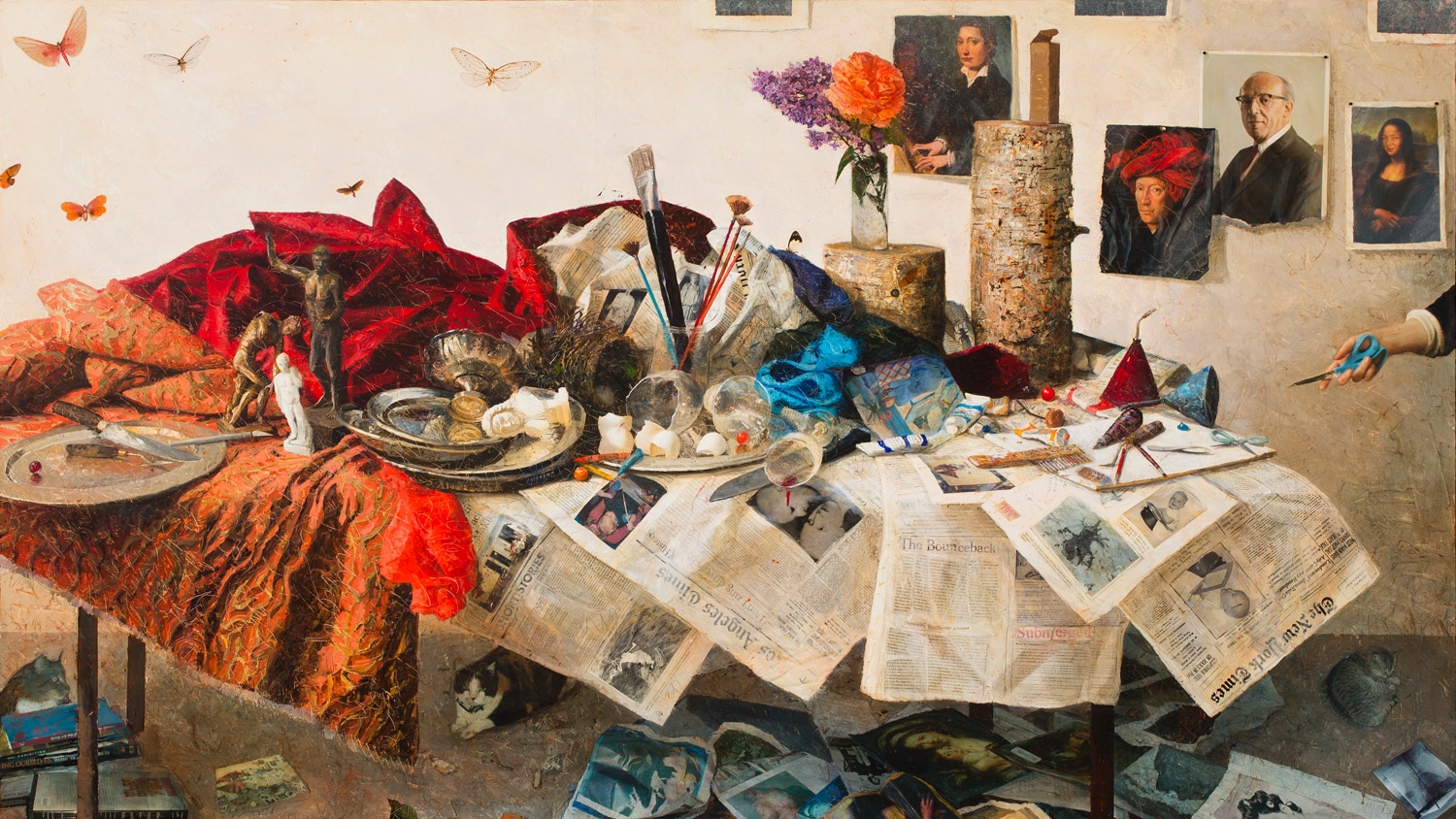 Painting of a still life table with newspapers, art supplies, food, flowers, paintings tacked to the wall
