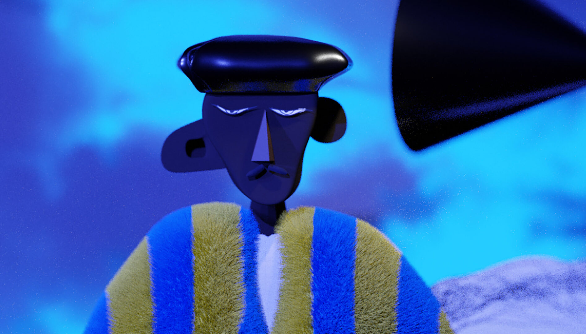 A 3D model dressed in a striped shirt and a black hat.