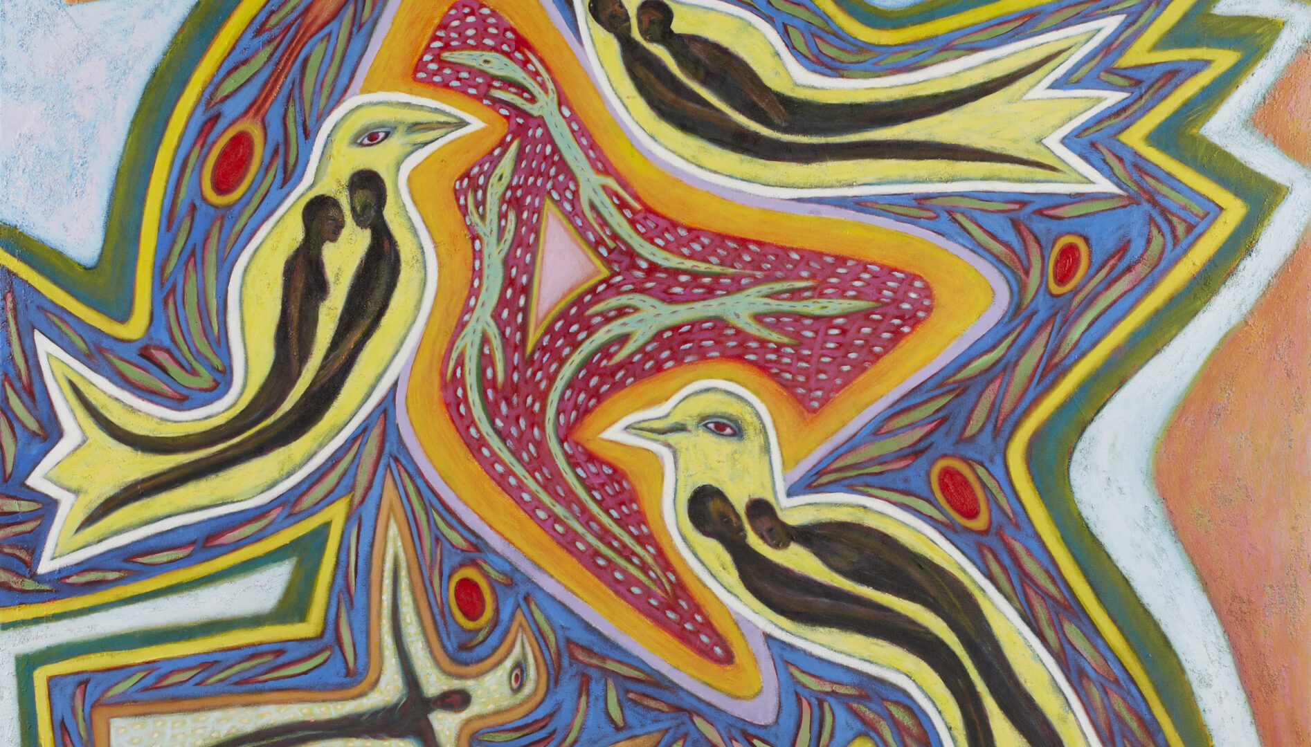 Painting of abstract shapes with outlines of birds and people in blue, red, orange, and yellow