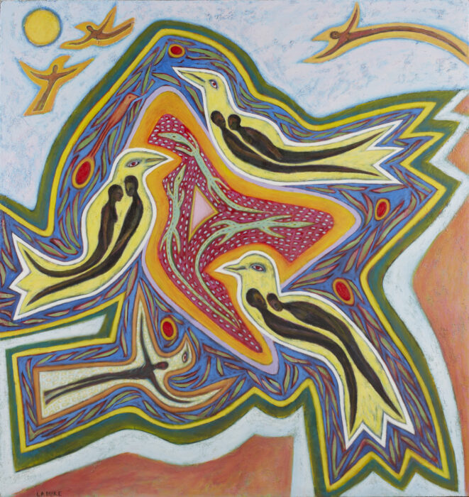 Painting of abstract shapes with outlines of birds and people in blue, red, orange, and yellow