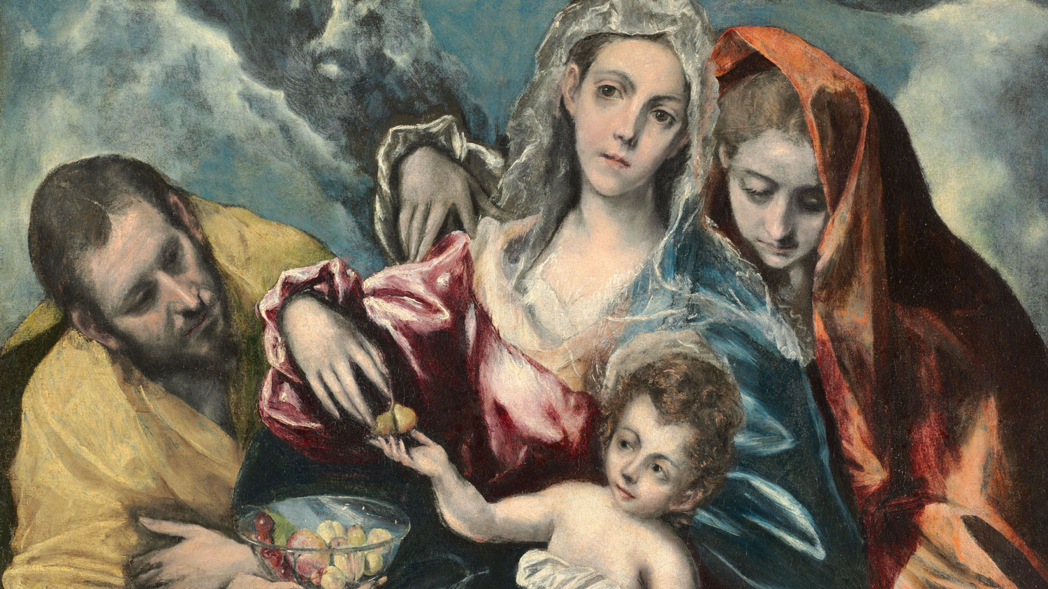 Painting of Mary holding Jesus surrounded by Joseph on the left holding a bowl of fruit and Mary Magdalen on the right looking sadly down at baby Jesus