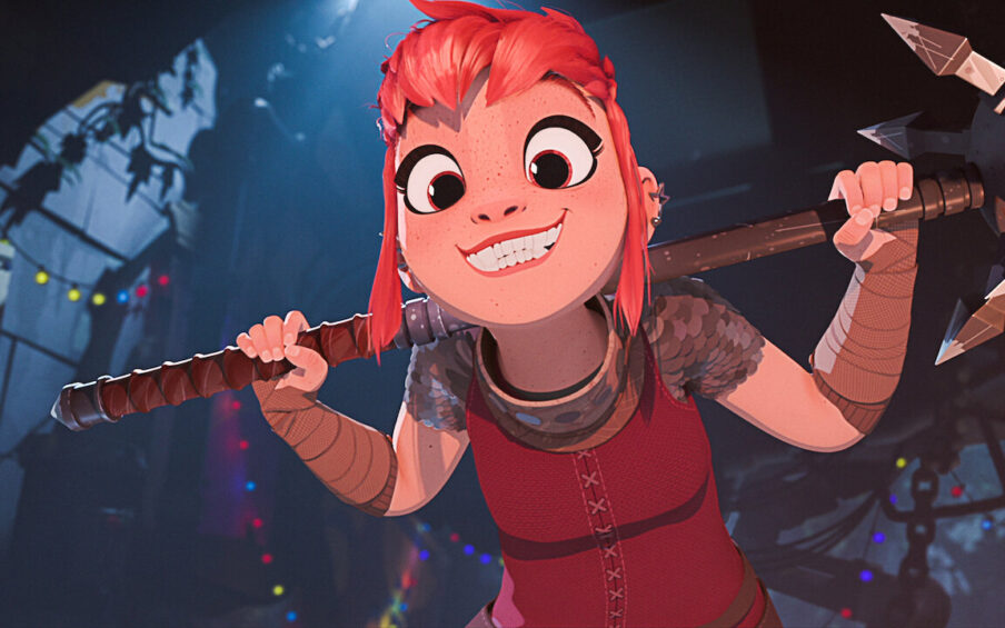 Film still from Nimona of a little girl with red hair and sharp teeth holding a weapon over her shoulders
