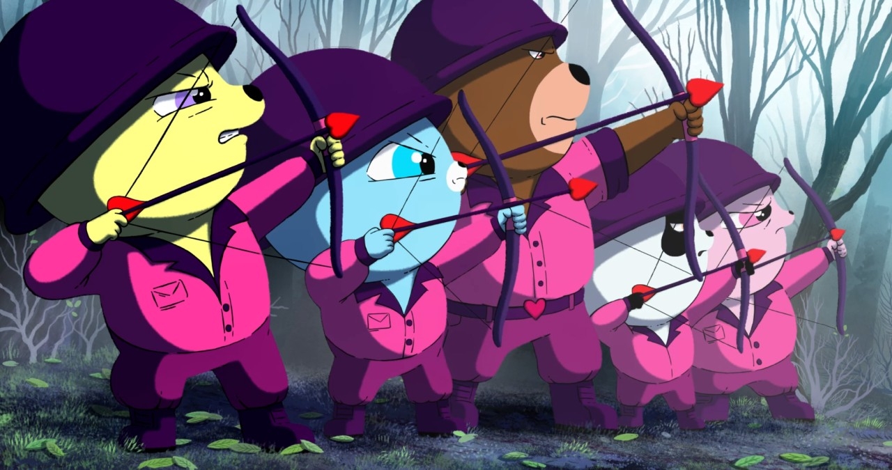 Animated image of animal characters in combat gear holding arrows in the air