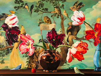 Painting of a vase with red and white flowers. Behind is a green sky and a tree with birds in it.
