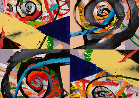 Abstract painting of bright colors and swirls of black