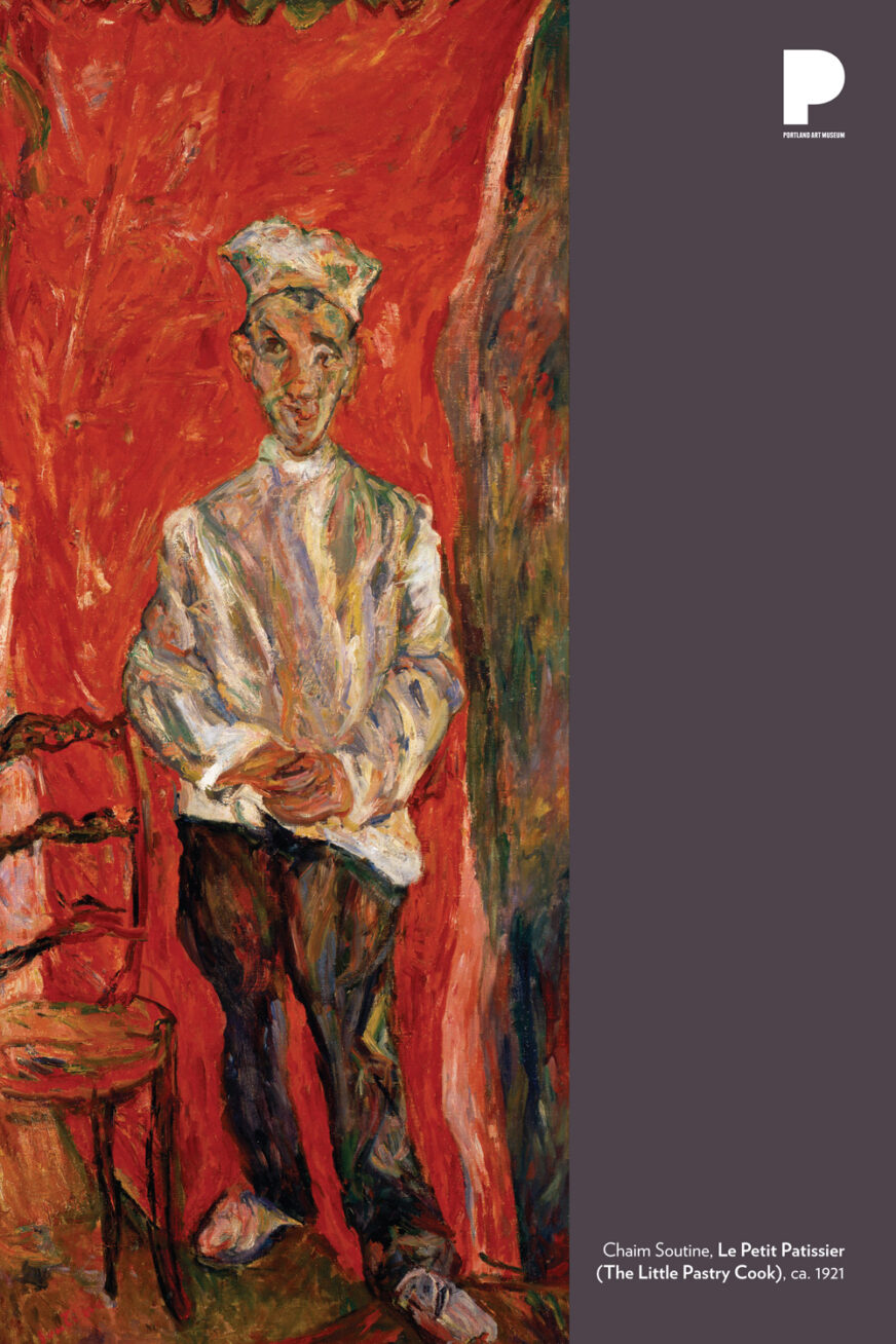 Painting of a pastry cook in a white chef's coat and chef's hat against a red background