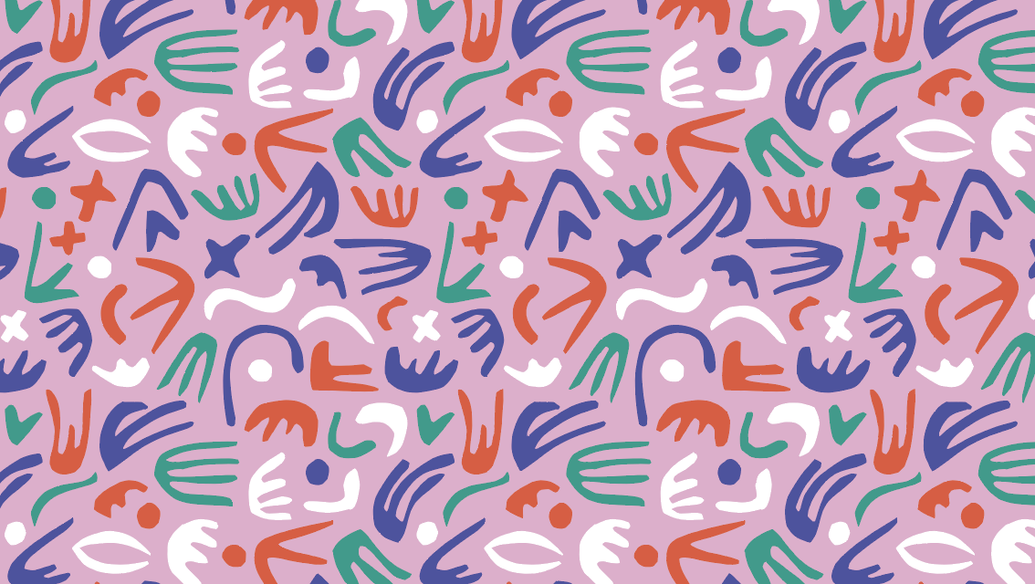 Abstract pattern with blue, green, red, and white lines on a pink background