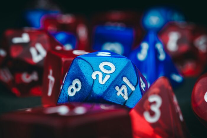 Photo of red and white 10-sided dice
