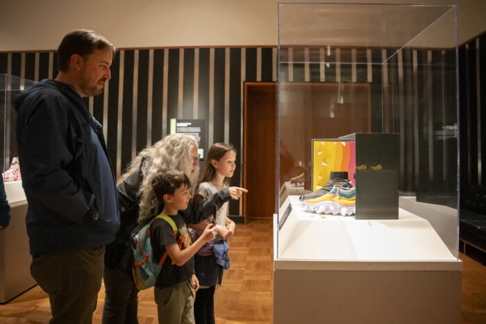 Photo of a family looking at shoe in a glass case