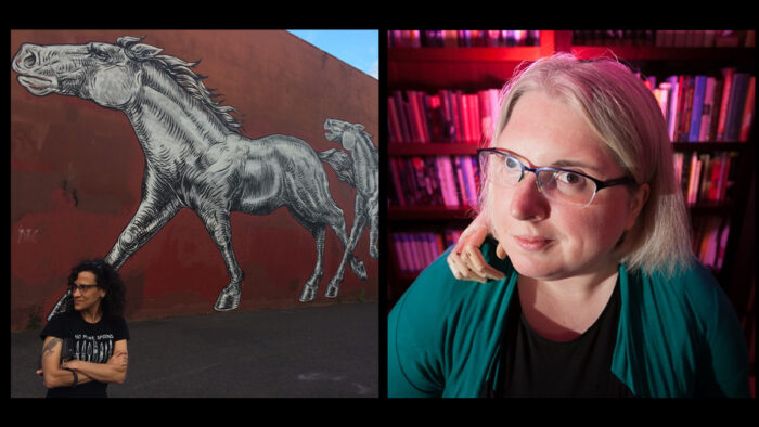 Left: Cheryl is a white Ashkenazi Jewish woman with olive complexion, super cute glasses, and long, dark curly that seems to melt right into her black t-shirt. She’s unaware her picture is being snapped as she stands in front of an enormous mural of running wild horses. She stares wistfully past her shoulder in the direction the painted horses are running. Their black, gray, and white painted lines mirror the white screen print on her t-shirt of a delightful array of sharp knives and daggers and the words “No More Spoons.” A solemn crow tattoo adorns her upper arm, and her forearms are crossed in front of her, chiseled from too many years of typing too much. The air smells of car fumes and evergreen trees on this near cloudless day. Right: a portrait of a white woman with blond hair and glasses, wearing a green shirt. In the background there's a reddish pink glow and bookshelves. A wooden hand is rested on her shoulder.