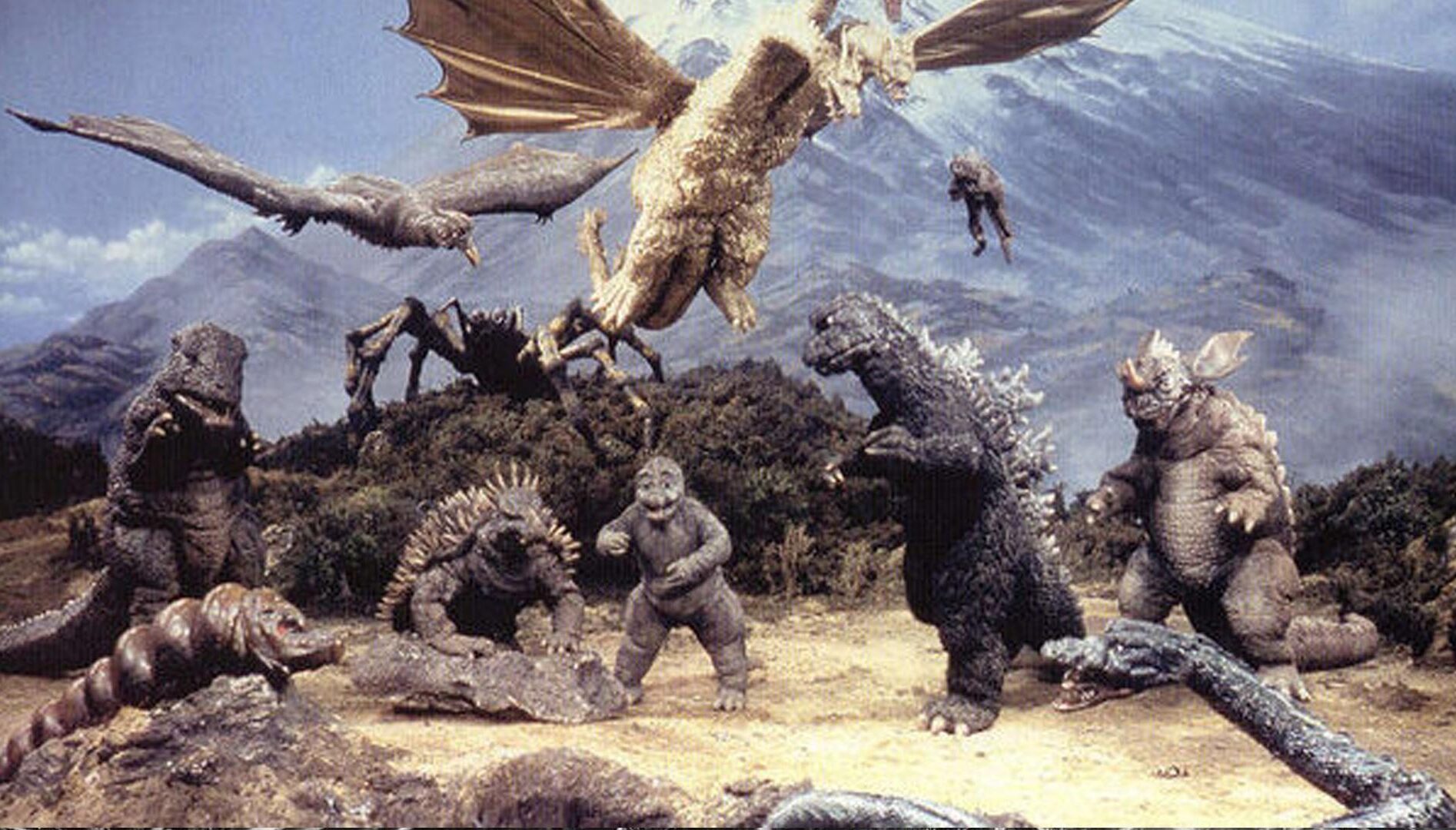 Film still of kaiju, monsters from Godzilla movies
