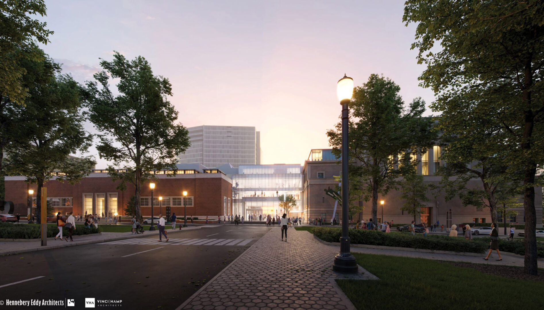 Architectural rendering of the new Rothko Pavilion at dusk as seen from the South Park Block at SW Madison Street and SW Park Avenue.