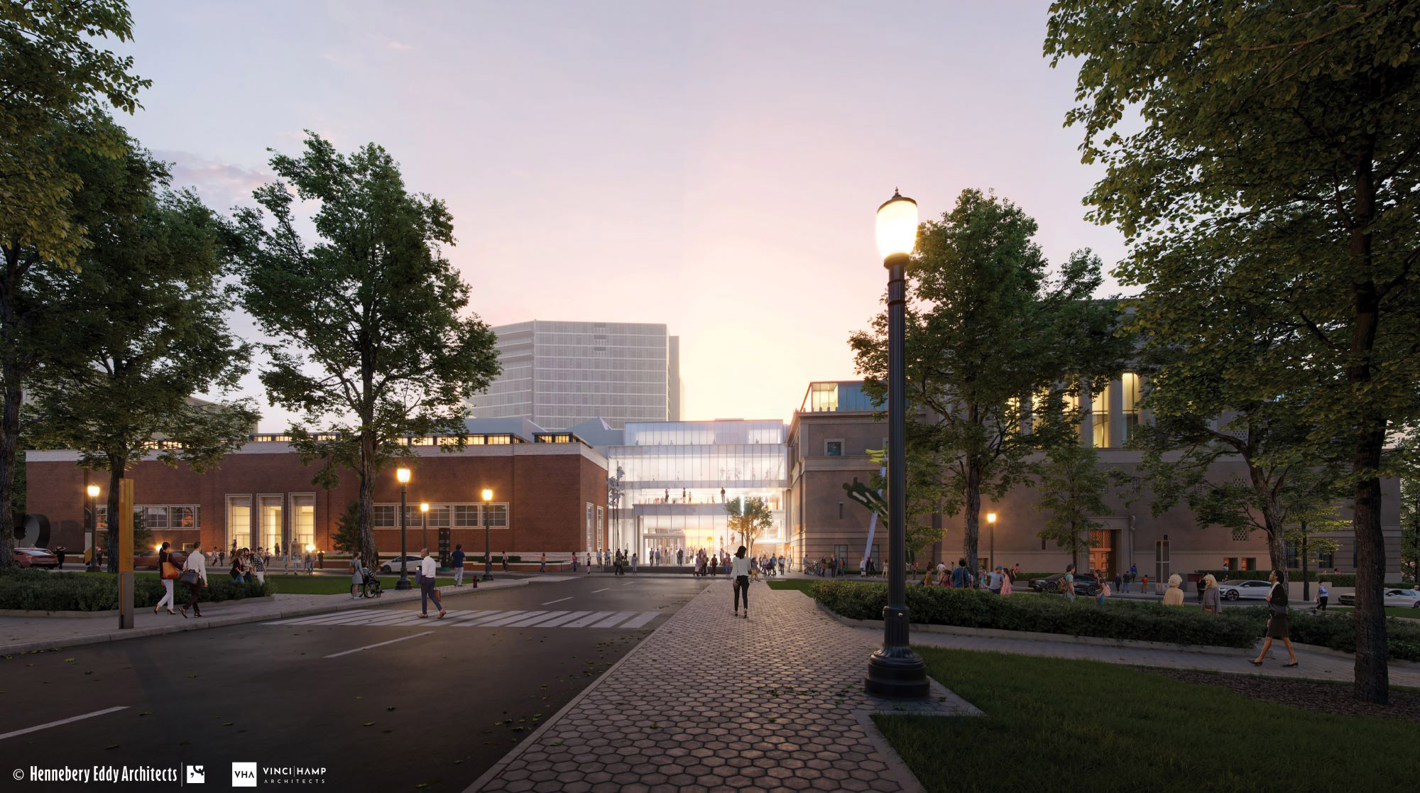 Architectural rendering of the new Rothko Pavilion at dusk as seen from the South Park Block at SW Madison Street and SW Park Avenue.