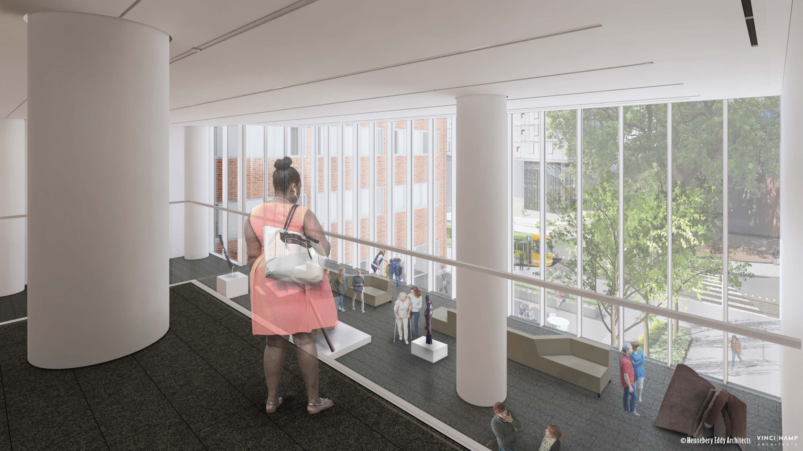 Architectural rendering of a person looking down into the Rothko Pavilion Grand Gallery
