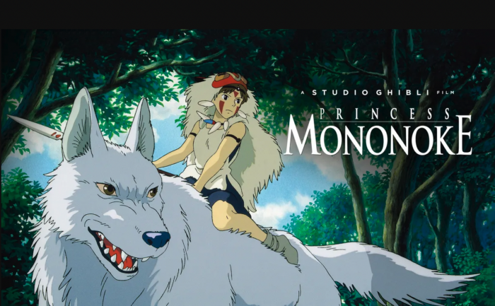 Animated film still from Princess Mononoke. A girl is riding on top of a giant white wolf.