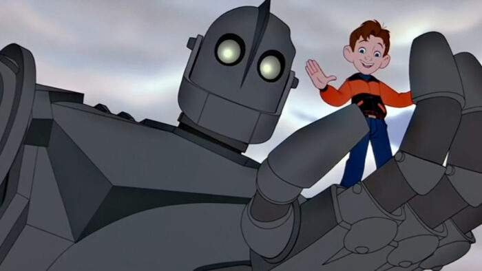 Illustration of a big grey robot holding a young boy up in his hand
