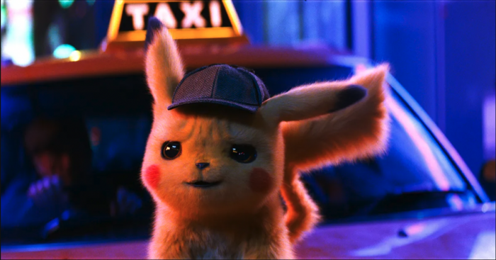 Animated film still of Pikachu standing in front of a taxi cab at night.