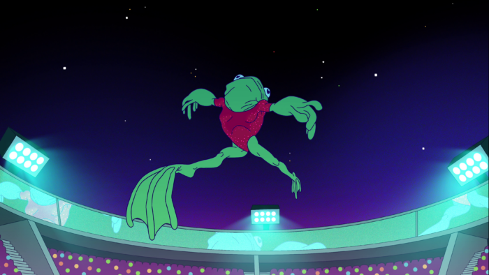 Animation still of a frog jumping in the air in a stadium.