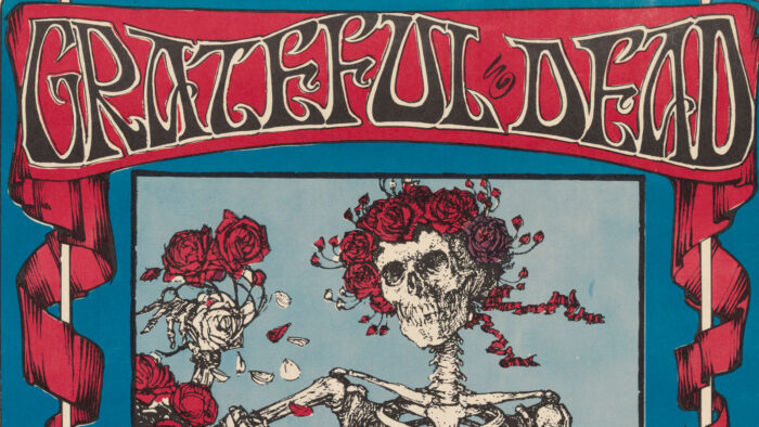 Grateful Dead concert poster featuring a skeleton wearing a crown of flowers