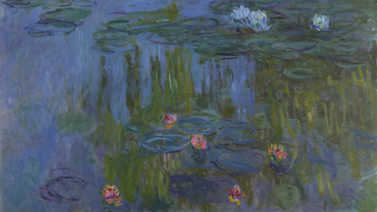 Impressionist style painting of waterlilies with pink and blue flowers floating on water.