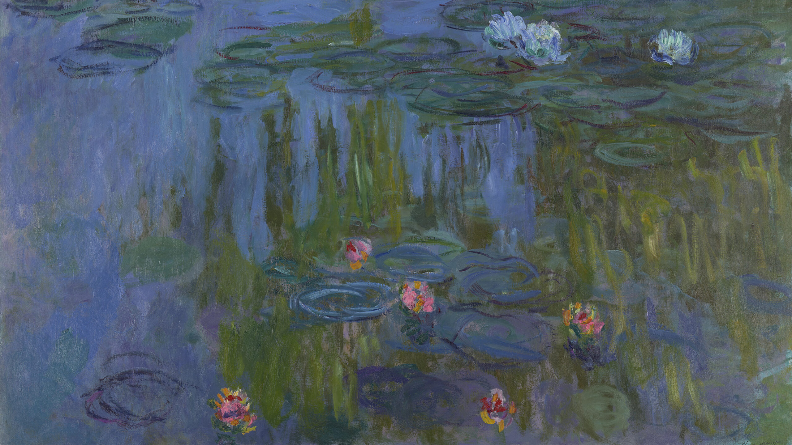 Impressionist style painting of waterlilies with pink and blue flowers floating on water.