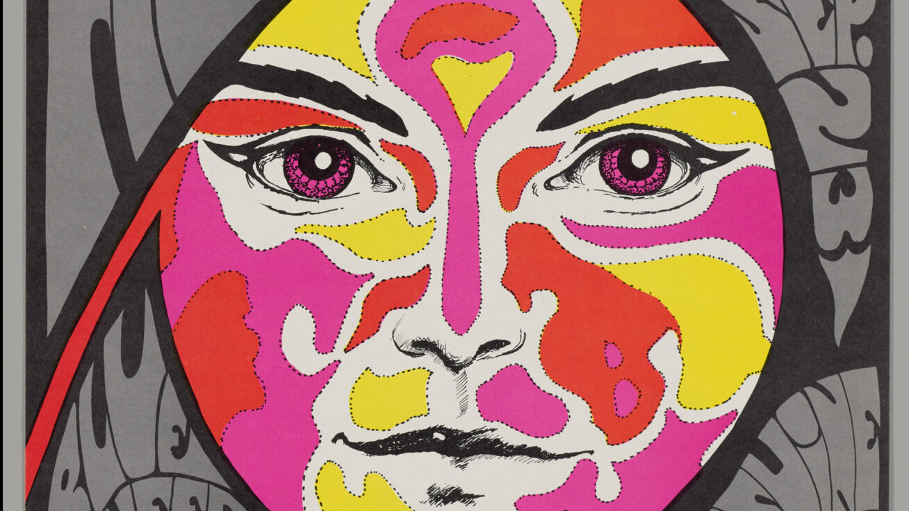 Psychedelic poster of a woman's face with words around it