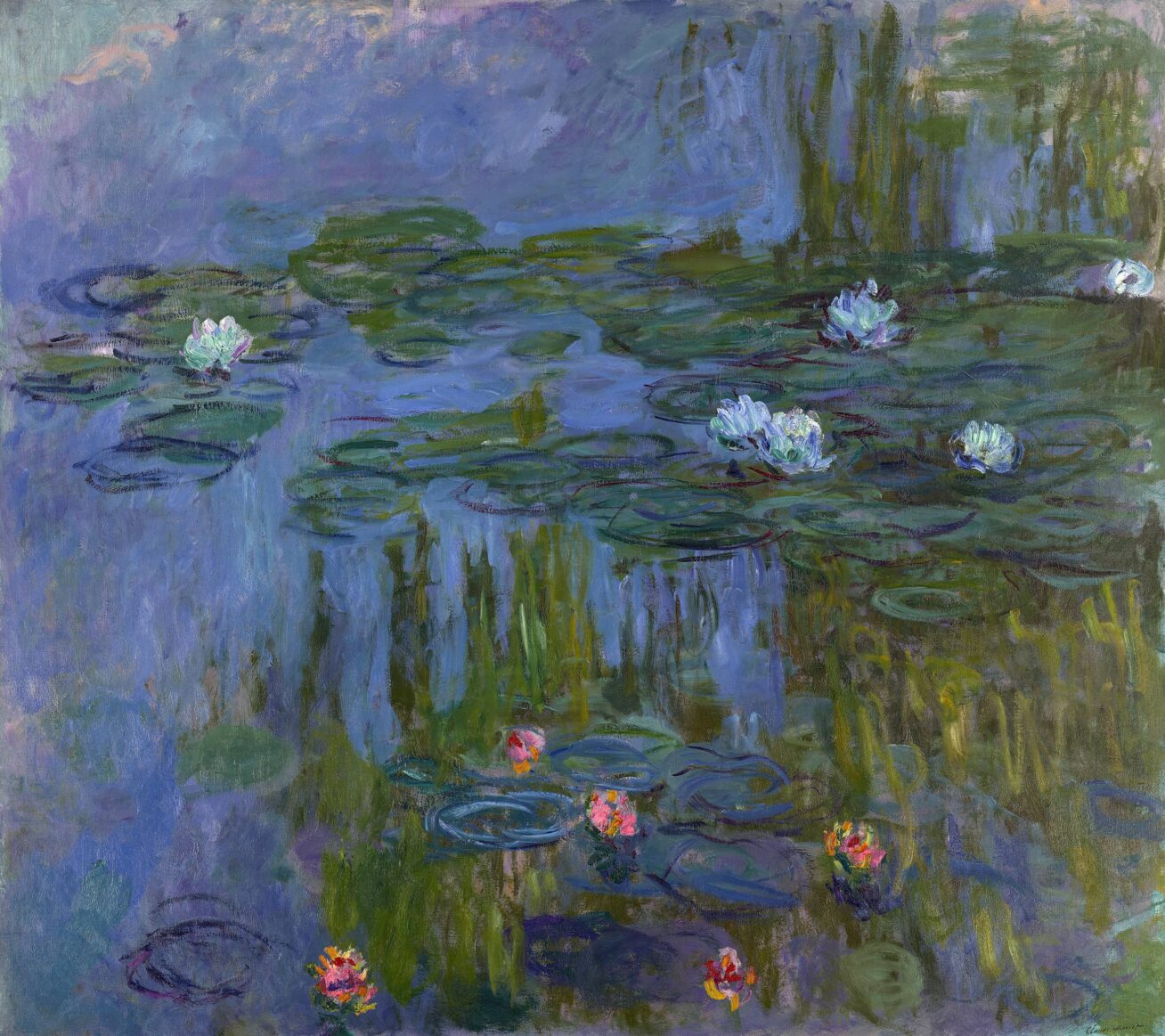 Impressionist painting of waterlilies with pink and blue flowers floating on water.