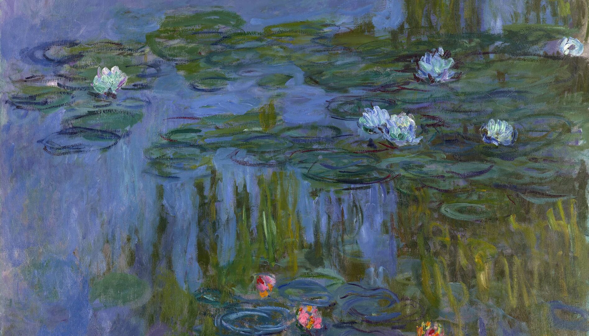 Impressionist painting of waterlilies with pink and blue flowers floating on water.