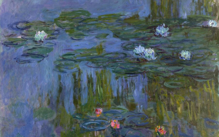 Impressionist painting of waterlilies with pink and blue flowers floating on water.