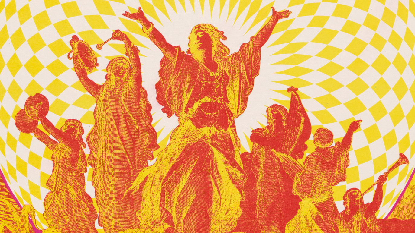 Psychedelic poster of a group of people in robes and long hair celebrating with their hands in the air