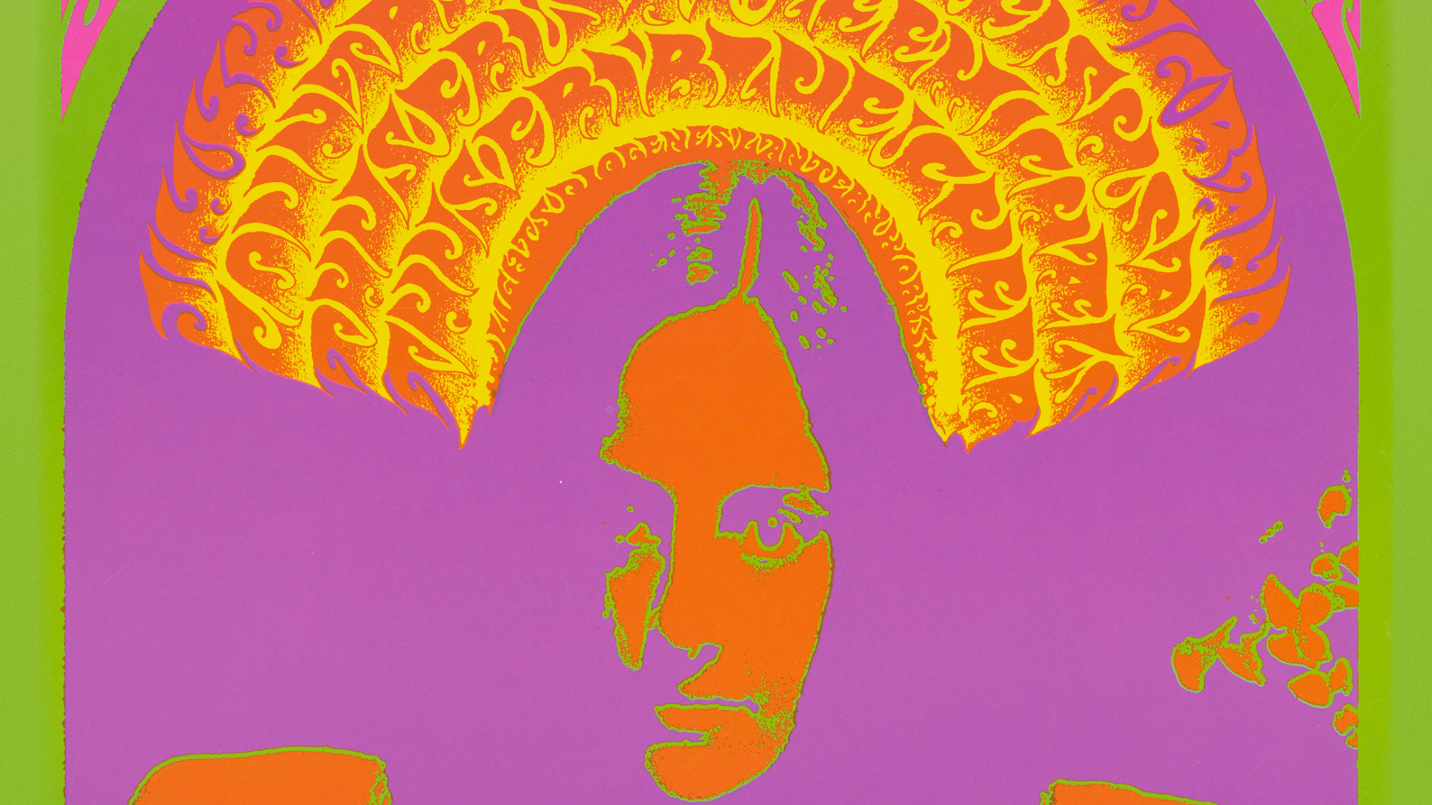 Psychedelic poster of a woman with a crown of text over her head