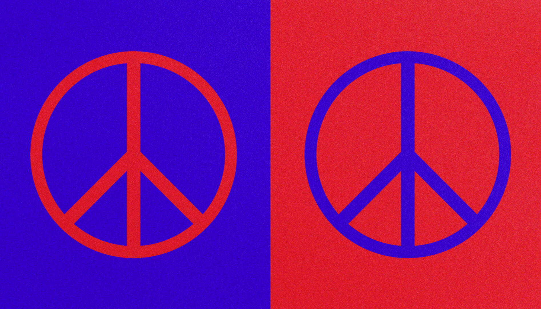 Two peace signs: one red on a blue background and one blue on a red background