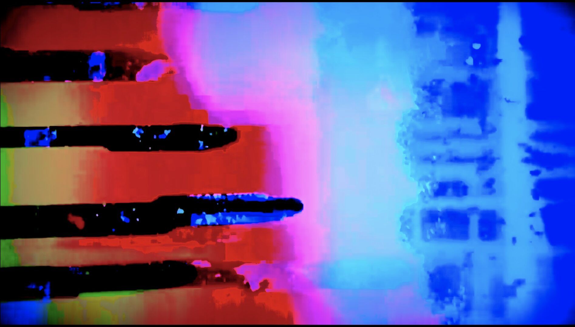 An abstract psychedelic video still with yellow, red, pink, white and blue melting into each other and lines cutting in from the left