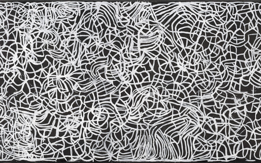 Abstract Aboriginal painting of white lines on a black background