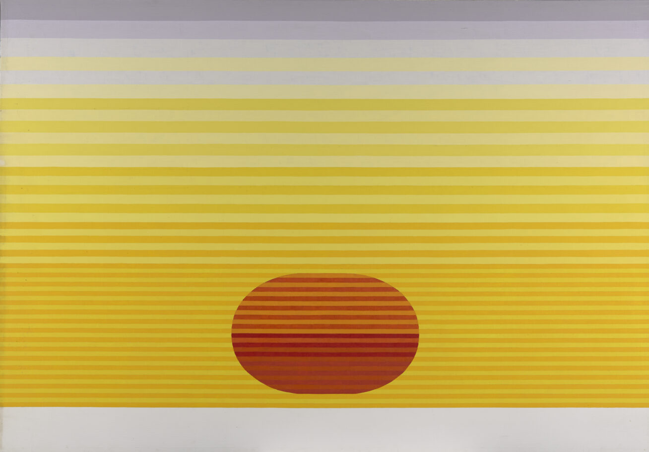 Painting of an abstract sun with bright yellow, orange, and red lines