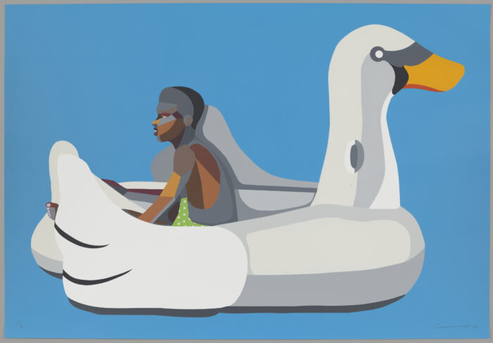 Print with a bright blue background of a Black boy sitting on a big white swan