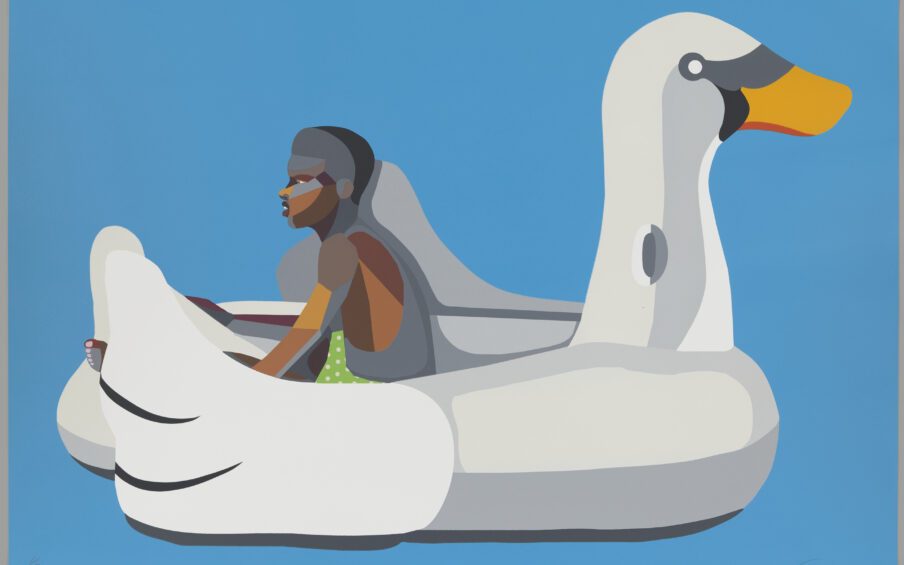 Print with a bright blue background of a Black boy sitting on a big white swan