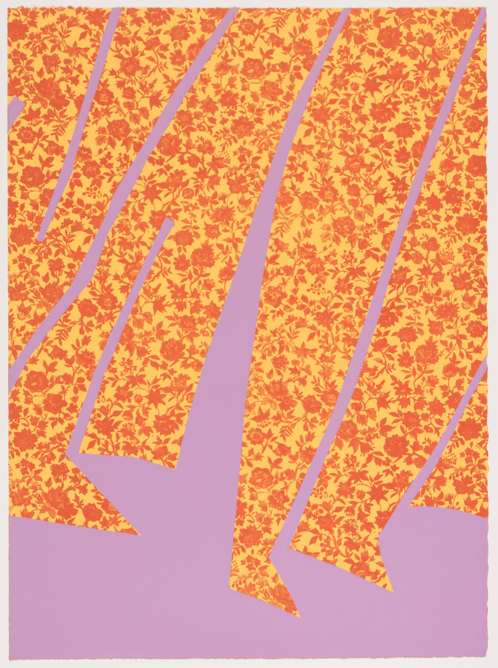 Patterned, abstract print with a pink background and yellow and orange shapes that look like legs and feet